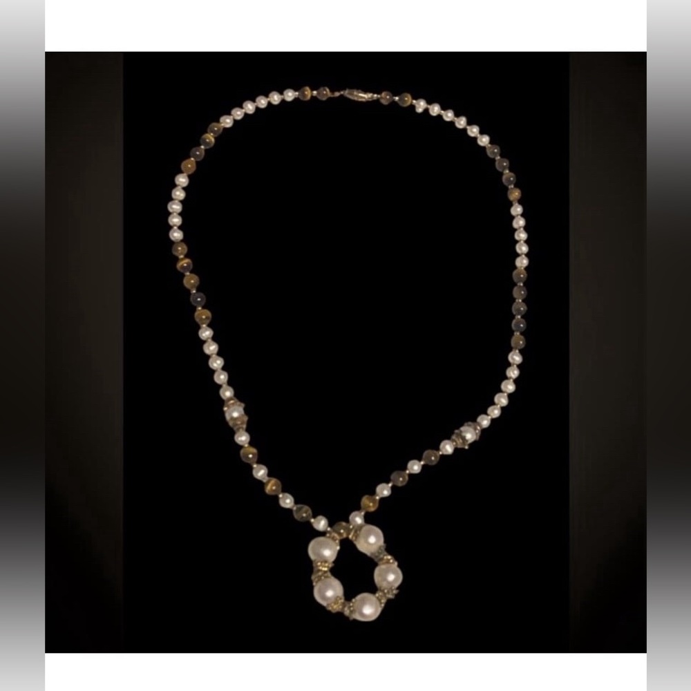 Genuine Pearl Artisan Tigers Eye Bead Necklace #7707
